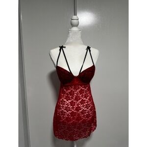 Red Lace Babydoll Lingerie Black Trim Bow Body Jewels Sleepwear size Small‎